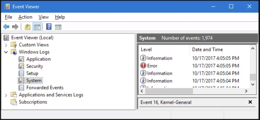 Microsoft Windows event viewer console